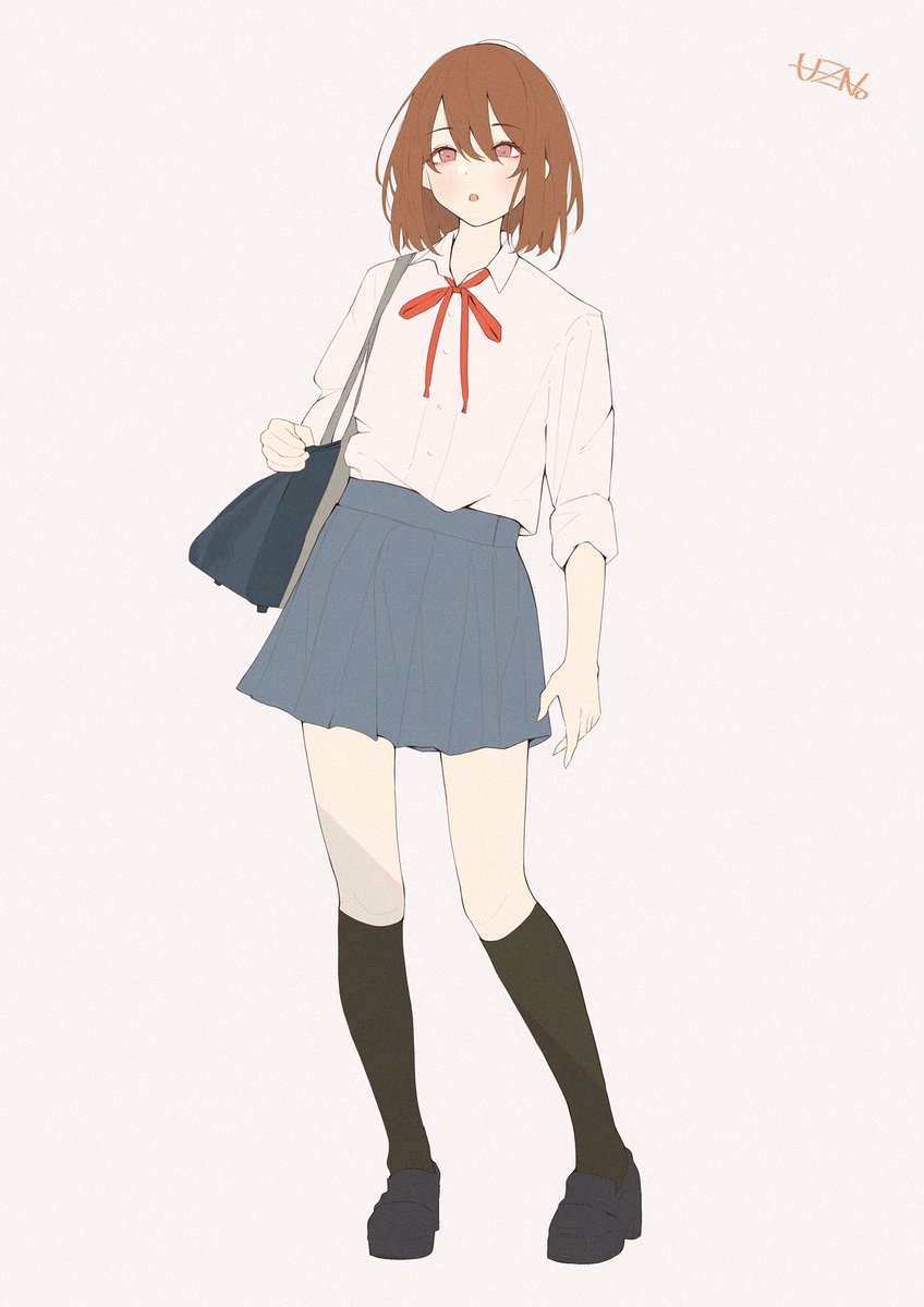 1girl solo skirt brown hair bag shirt socks  illustration images