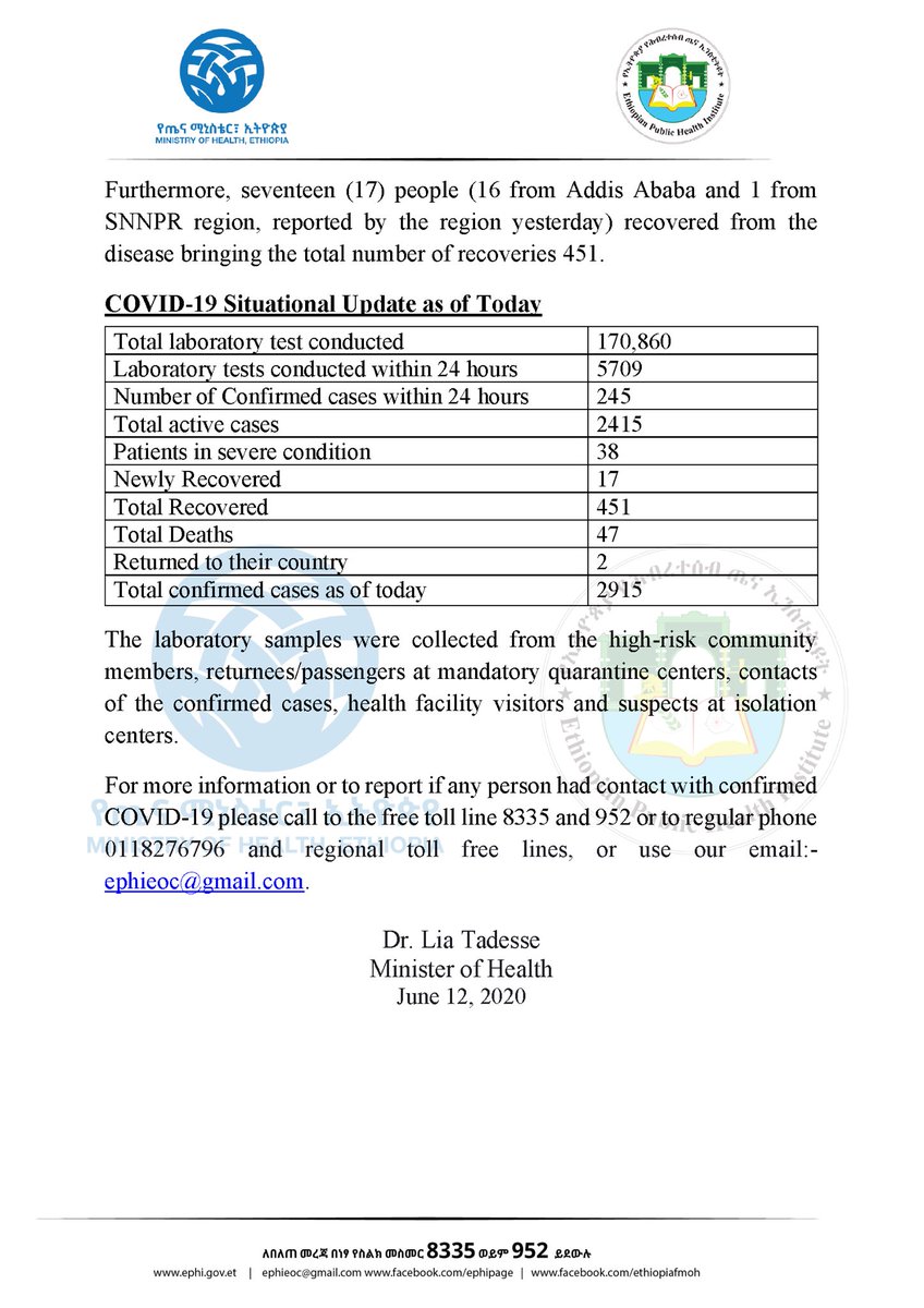 lia_tadesse's tweet image. Report #94

የኢትዮጵያ የኮሮና ቫይረስ ሁኔታ መግለጫ

Status update on #COVID19Ethiopia