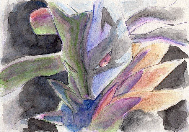 メガルカリオ描くのは面倒ですが、カッコいい。
水彩色鉛筆だけに拘らずに水彩絵の具の併用を覚えました 