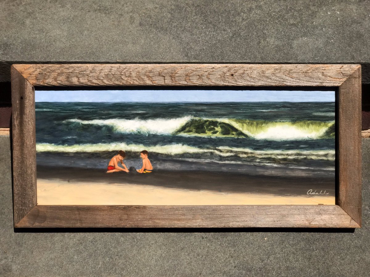 AlexanderAdell's tweet photo. I found this reclaimed wood frame in a beachfront store a few years back. It was an odd shape, 8”x20”, and so it sat around for awhile.  I finally got around to making a pic of the shoreline to fit the long horizontal.  Sand castles. 

#summer #contemporaryart https://t.co/Ofm2Mou5ie