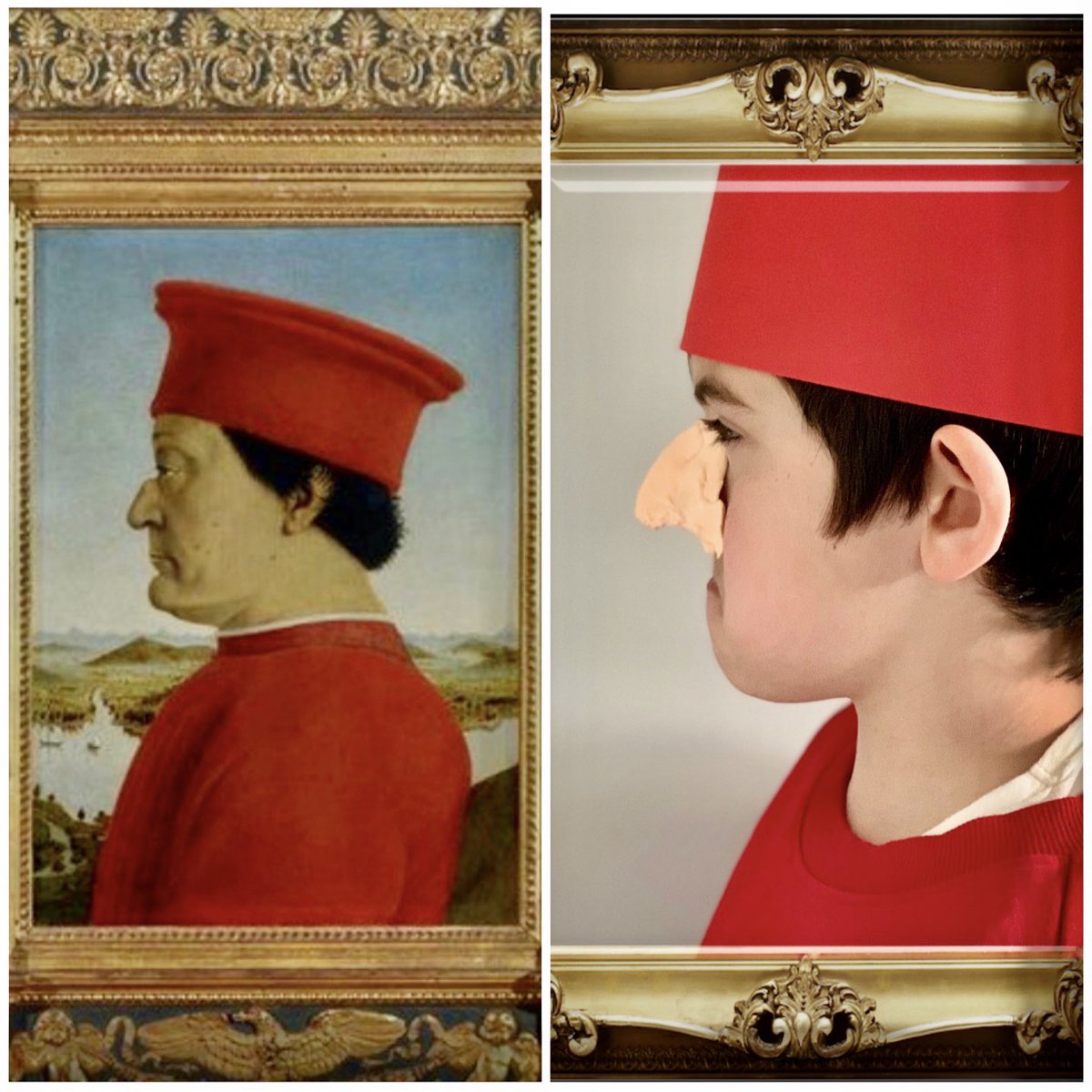 YH_ArtDesign's tweet photo. More @YorkHouseSch #yorkhouseY4 Gallery Challenge brilliance - JH dons a huge nose and unamused expression to become Piero della Franscesca’s ‘Duke of Urbino’ 😄👏🏻#keepcreativeYHS #artathome https://t.co/kvhIoFXgpA