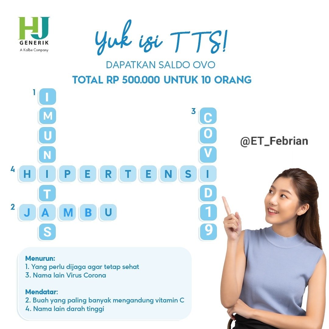 ET_Febrian's tweet photo. @HjGenerik @HJ Dear @HjGenerik 
Berikut jawaban yang tepat:

Menurun ⬇️
1. IMUNITAS
3. COVID-19 

Mendatar ➡️
2. JAMBU
4. HIPERTENSI

Yuk ikutan juga Sobat!
@itsRahSya
@R_W1jaya 
@BudiPoeer 

#HJGenerik #HexpharmJaya #HarusJeli #ActivityHJGenerik #kompetisiHJGenerik #TTSHJGenerik https://t.co/iD30amqruH