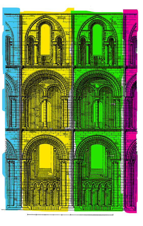 You'll notice Cathedrals are made up of sections, these are called "Bays" - I've made each one a different colour so you can really see what's going on.