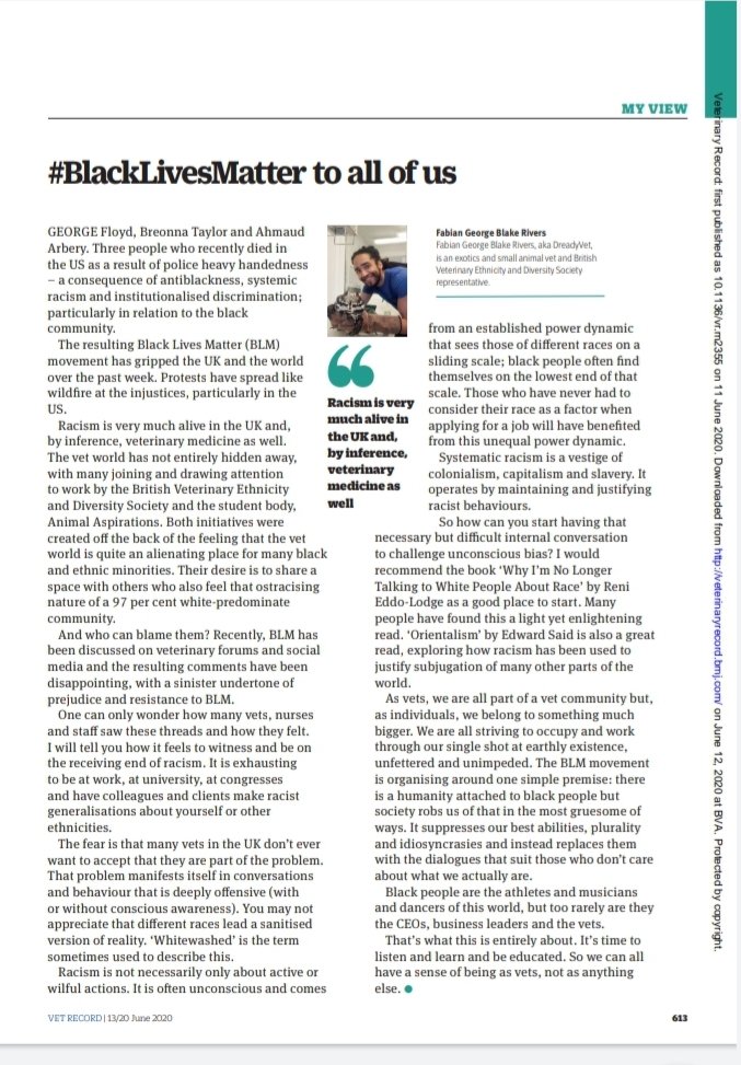 dreadyvet's tweet photo. @Vet_Record @BritishVets Hey so new article!!!

First; I recently have written for @Vet_Record 

'#BlackLivesMatter to all of us'

Its as broad an article touching on as many part of the current climate and some insight to the wider aspects in vet community.

Pls share❤
https://t.co/dTxM1kKPAR https://t.co/E35biT0HJC