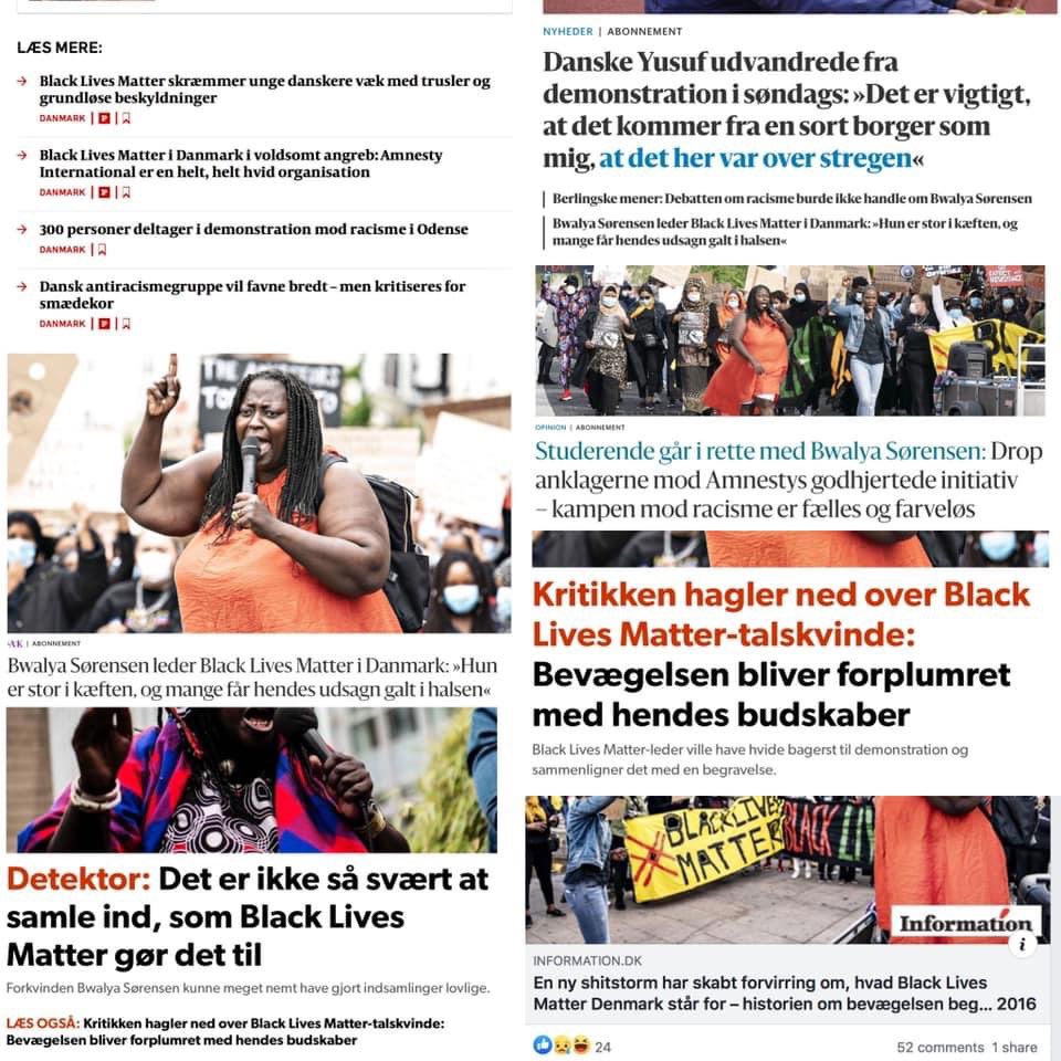 Here is a screenshot of some of the many headlines in Danish media. I took it from Yancé-Myah who posted about this in Danish. It’s ALL negative about Bwalya. Including the gems ‘the fight against racism is colourless’ (?!) and ‘she scares young Danes with baseless accusations’.
