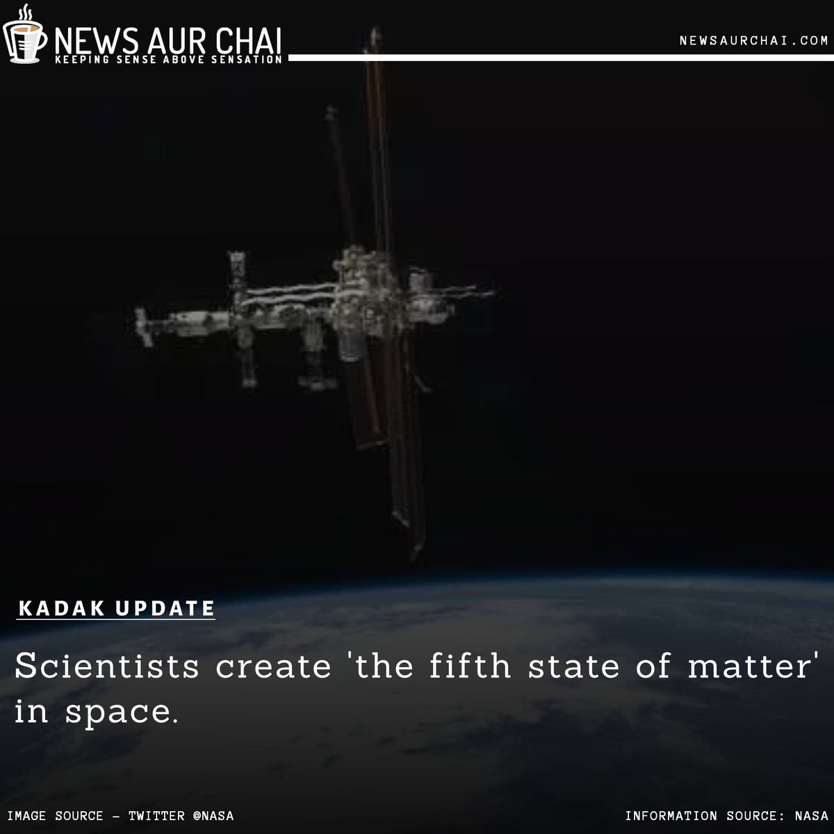 NewsAurChai's tweet photo. A fifth state of matter, known as a Bose-Einstein condensate (BEC), has been created in the microgravity of the International Space Station for the first time. 
--
#NAC #NACKadakUpdate #NewsAurChai #News #News2020 #BEC #Matter #Science #Astronauts #ISS #Space

 @NASA https://t.co/CpvkMo9gOB