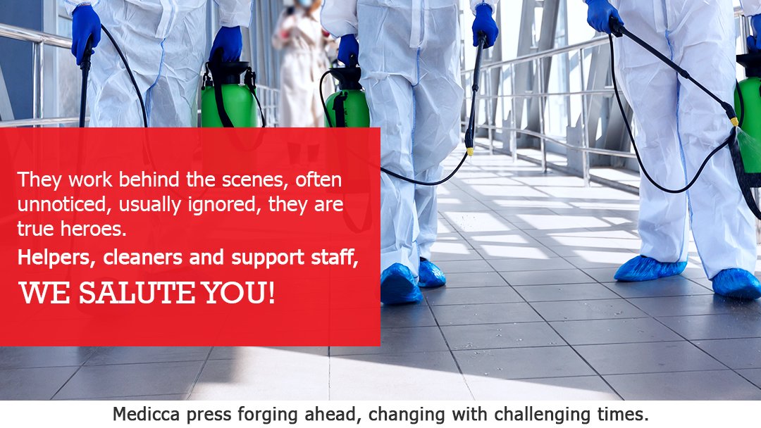 mediccapress's tweet photo. We salute the tireless, the hard-working, the dutybound, we salute your effort in such a hard time. Thank you helpers, cleaners and support staff, you move the world, even today. #mediccapress #medicalcontentcompany #frontlineworkers #coronawarriors #covid #salute #appreciation https://t.co/o1Pk06sh89