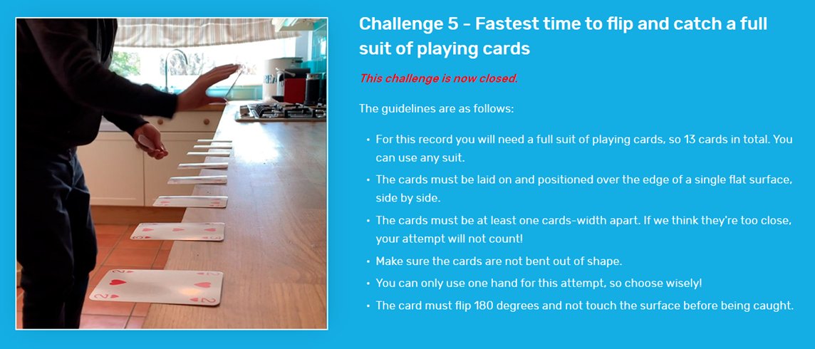 PE Daily Challenge - Day 32

Today's Guinness World Record attempt comes from Mr Jefferies.

If it is too tricky for you, can you set the quickest time to flip 6 cards instead?

#WLHWBathome #achieving <a href="/GWR/">Guinness World Records</a>