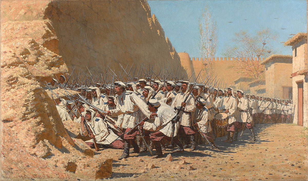  #Russian forces during the Siege of  #Khiva on 28th May 1873.The  #Russian painter Vasily Vereshchagin, who drew this, was present.  #Khwarezm
