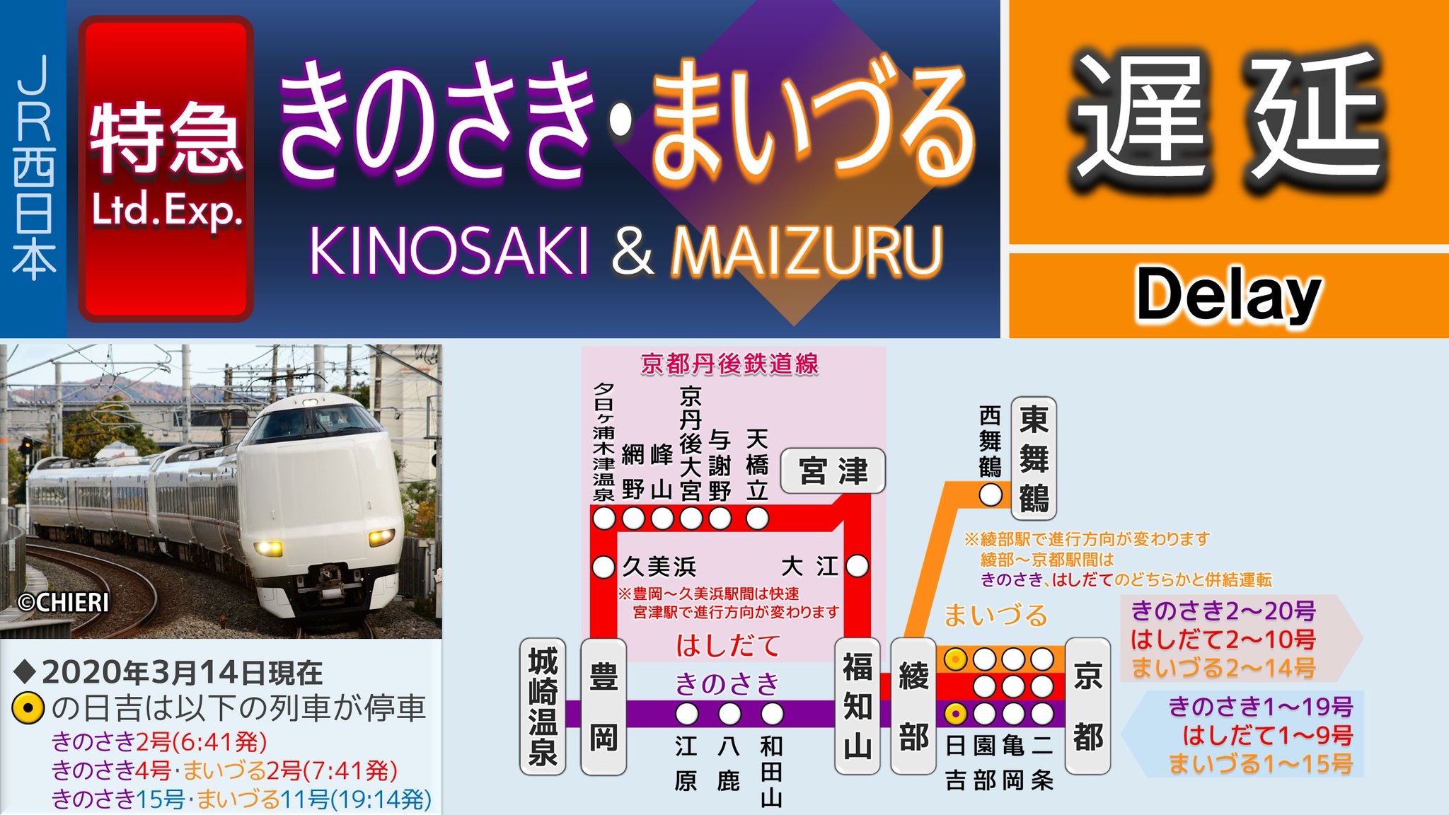 𝗖𝗛𝗜𝗘𝗥𝗜 関西𝞪 きのさき まいづる 遅延 17 14現在 山陰本線で大雨のため きのさき11号 福知山ゆき まいづる9号 東舞鶴ゆきが10分以上遅れています