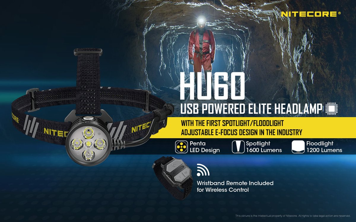 CNitecore's tweet photo. New product released: HU60 headlamp
With a max spotlight output of 1600 lumens and a max floodlight output of 1200 lumens, the Nitecore HU60 is the first E-focus headlamp in the industry powered by a USB power source and available for wireless control with a wristband remote. https://t.co/tkqBLvjfdQ