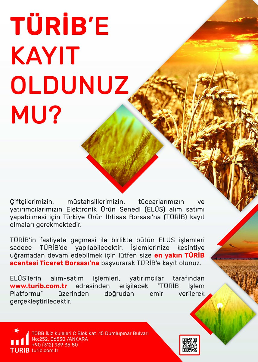 Ürünlerini Lisanslı Depolara götürmek isteyen çiftçilerimizin TÜRİB kayıtlarını yaptırmaları gerekmektedir.
TÜRİB kayıtları TÜRİB Acentesi olan Borsamızda yapılmaktadır. TÜRİB kaydı 1 defa yapılmaktadır ve kayıt için Ücret alınmamaktadır. <a href="/Turib_iletisim/">Türkiye Ürün İhtisas Borsası</a> 
hayrabolutb.org.tr/tr/web/90/turi…