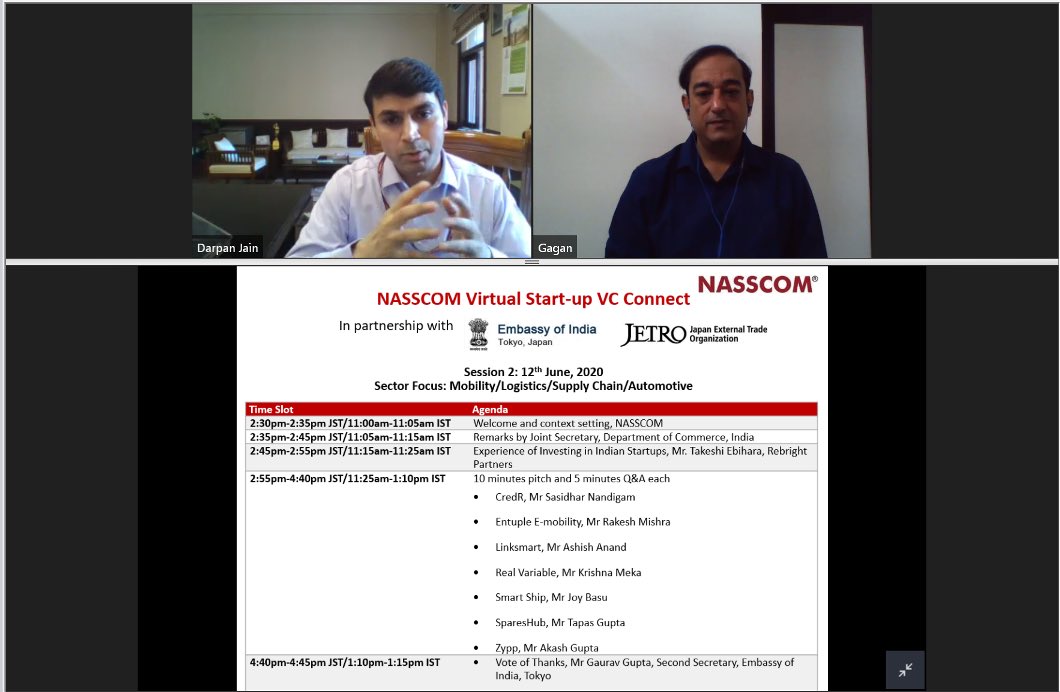 IndianEmbTokyo's tweet photo. Virtual pitch session2 of #NASSCOM #JapanVCConnect-2 held today which saw e-pitching by 7 startups &amp; 50+ attendees from Japanese business community. Shri Darpan Jain, JS, MoC delivered opening remarks &amp; VC firm #Rebright Partner shared its experience with Indian startup ecosystem https://t.co/0KxUiUFsyb