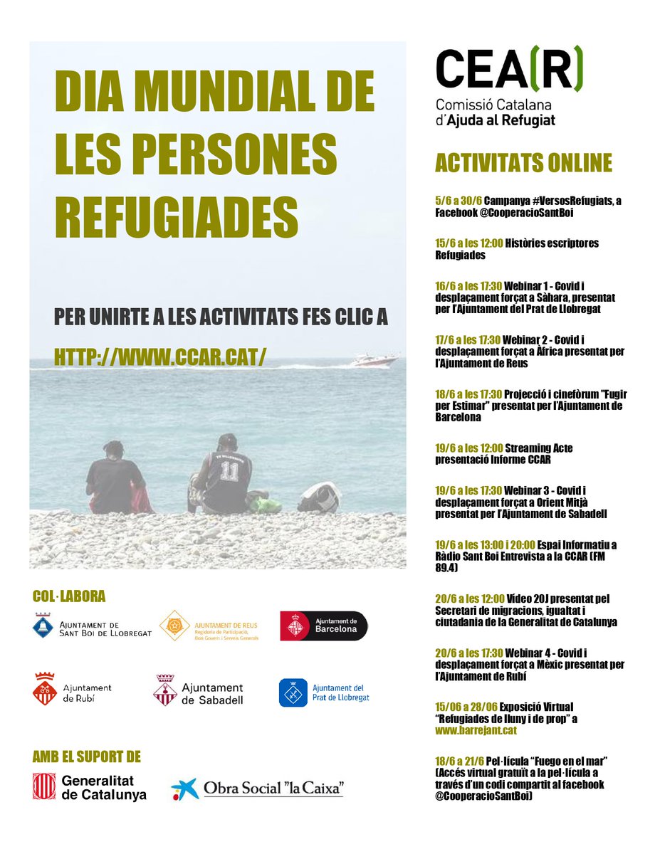 CCARefugi's tweet photo. La setmana que ve, el #20J, es celebra el #DiaPersonesRefugiades, pel qual preparem una sèrie d'activitats diverses que desenvoluparem majorment on line i que hem elaborat de la mà de diversos territoris. Consulteu el programa i no us perdeu les activitats! #refugiades https://t.co/ebGgUk7sgW