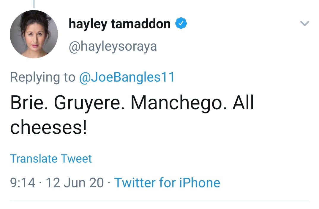 Thank you to the wonderful  @hayleysoraya,  @MissMalinSara,  @CarlyPaoli and  @guybranum for your cheese favourites!If you're bored and want to know the cheese choices of celebrities like Ricky Gervais, Louis Theroux, Jimmy Fallon, Dawn French etc visit  http://joebangles.co.uk 