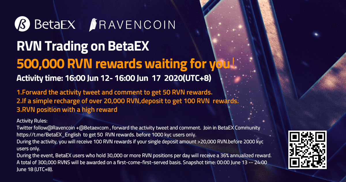 Betaexcom's tweet photo. RVN Trading on BetaEX 500,000 RVN rewards waiting for you！
1.Follow @Ravencoin +@Betaexcom
2.If a simple recharge of over 20,000 RVN,deposit to get 100 RVN  rewards.
3.RVN position with a high reward

Official Announcement:https://t.co/bo7eiPqCwT
$RVN $BetaEX $BTC https://t.co/Ekpwr3WfQ3