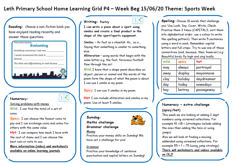 LeithP41's tweet photo. Hello P4! Here is the Home Learning Grid for the week beginning 15.06.20 - It's Sports Week!! 🏅 🥎 🥏 ⚽️ 🏀🏈🎾🤸🚴🏃 @Leith_Primary https://t.co/WeJi9fAUyB