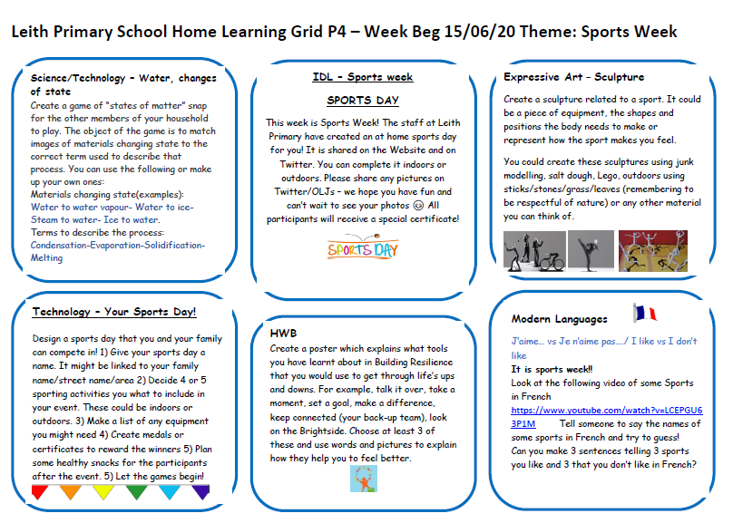 LeithP41's tweet photo. Hello P4! Here is the Home Learning Grid for the week beginning 15.06.20 - It's Sports Week!! 🏅 🥎 🥏 ⚽️ 🏀🏈🎾🤸🚴🏃 @Leith_Primary https://t.co/WeJi9fAUyB
