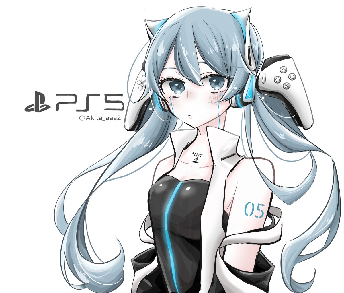 hatsune miku 1girl solo twintails long hair tattoo white background looking at viewer  illustration images