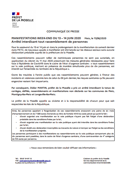 Police Nationale 57 On Twitter Les Manifestations Non Declarees Sont Interdites A Metz Ce Week End Ci Dessous Le Communique De Presse De Prefet57 Relatif A L Arrete Interdisant Tout Rassemblement De Personnes Https T Co Opv3um5sxn