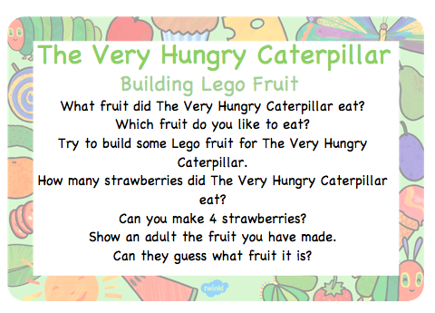 NickiLcr's tweet photo. Have you watched The Very Hungry Caterpillar video yet?
https://t.co/WuOegsw0hx
Try building Lego fruit to re-tell the story.
Use the cards below to help you!
#stayhomehavefun #LegoIdeas #STEMeducation #fridayfundays @MrsMonaghanADHT @LangfauldsPS https://t.co/yJhKqcCAT2