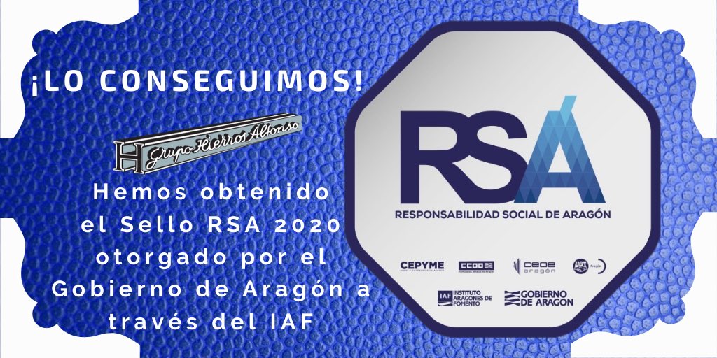 Orgullosos de obtener el Sello RSA por nuestro #compromiso con los valores sociales, otorgado por el ⁦<a href="/DelGobEnAragon/">Delegación del Gobierno en Aragón</a>⁩ a través del ⁦<a href="/IAF_Aragon/">IAF</a>⁩ , seguiremos trabajando 💪para conseguir un mundo más responsable y sostenible🌈🤝#empresaresponsable