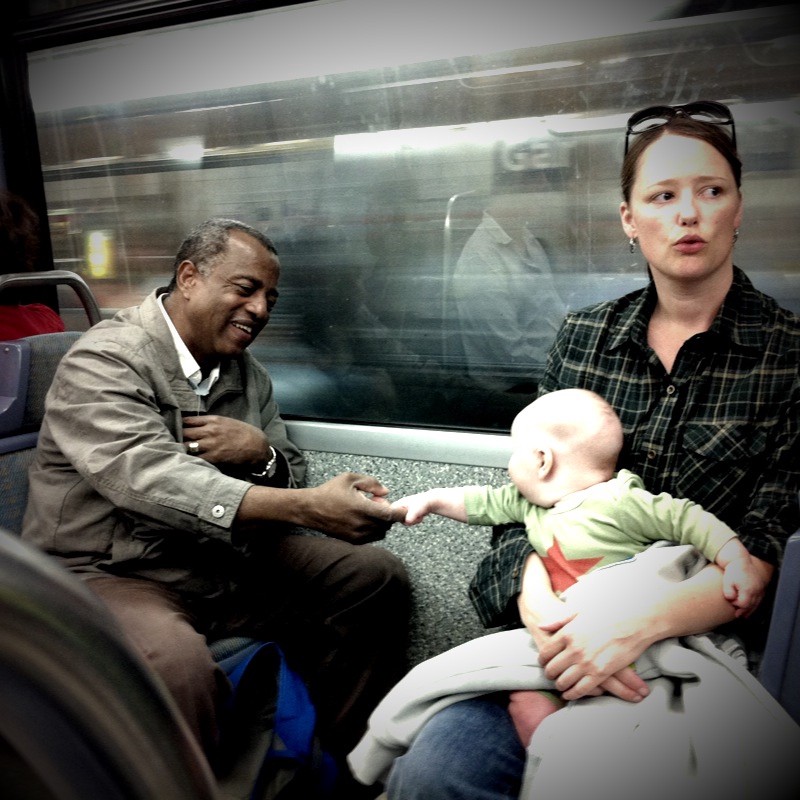 No one is born racist!.Tara, Baby Rips and a fellow passenger on the Paris Metro, 2010.Photo Sean Bonner