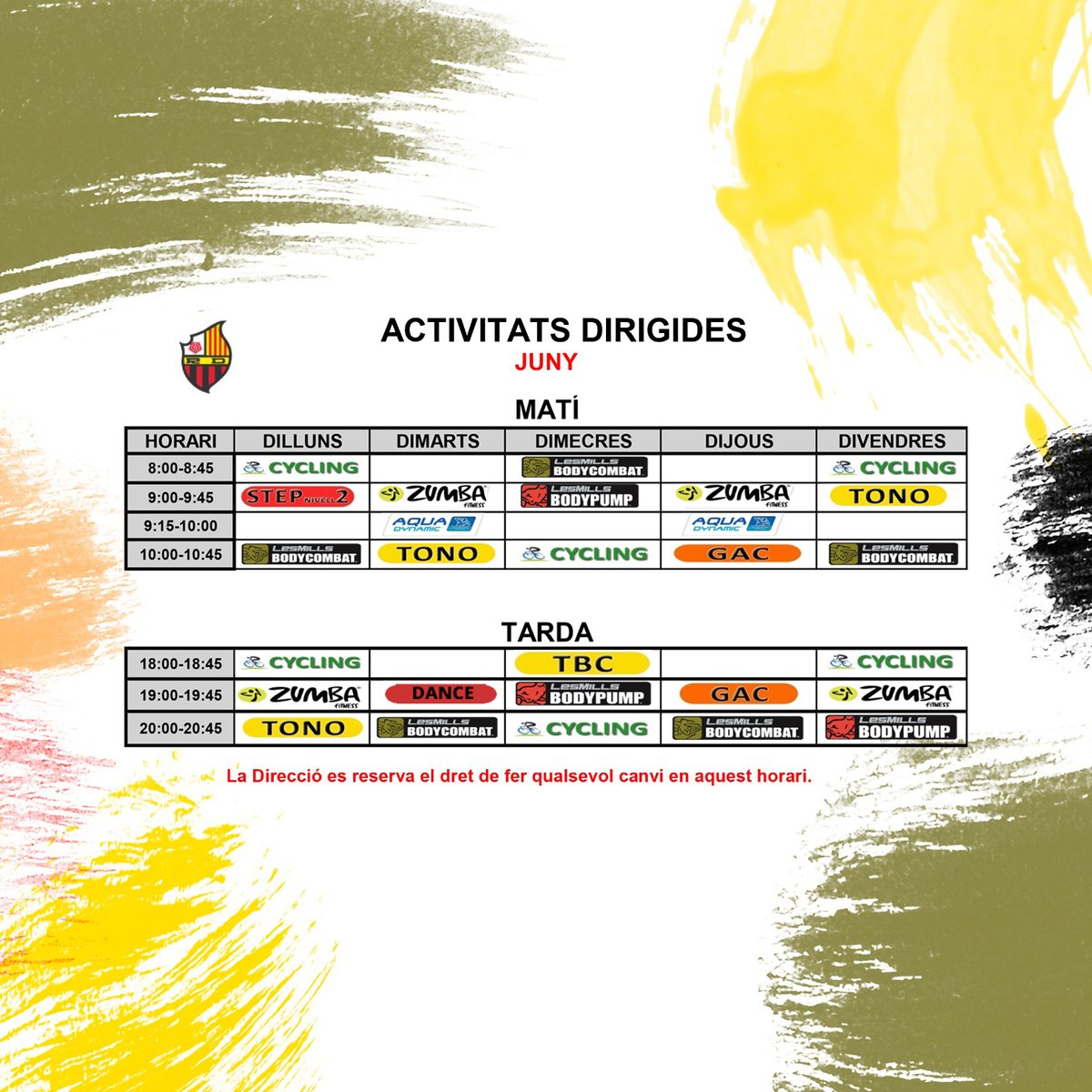 ReusDeportiu's tweet photo. βοΈ Els horaris d'aquesta setmana que ve de les #DirigidesRD!
π Inscripcions al 977 328 399 de 8h del matΓ a 20h del vespre!
πͺ Som-hi! #SocisRD https://t.co/EisHieDz4K