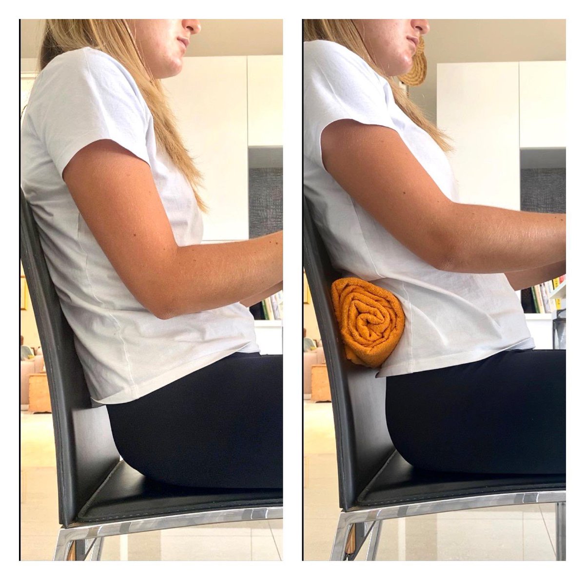 Function360 on X: By placing a towel behind your lower back, you are  restoring the lower back curve, which results in sitting more upright and  your shoulders aren't rolled forward. This can