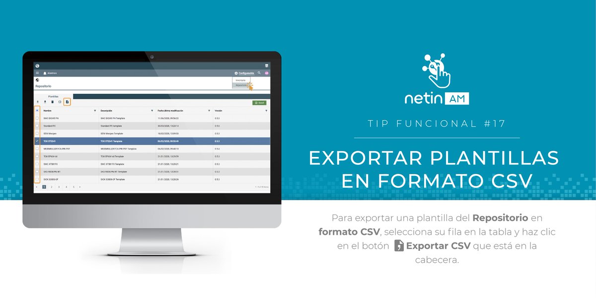 netinsystems's tweet photo. 📣Tip #NetinAM nº17 ➡️ ¿Necesitas tus plantillas en formato .csv? Exportarlas es fácil desde el repositorio de #NetinAM

#IoT #GestiónDeActivos #AssetsManagement #Industria40 https://t.co/gSquLHoSqE