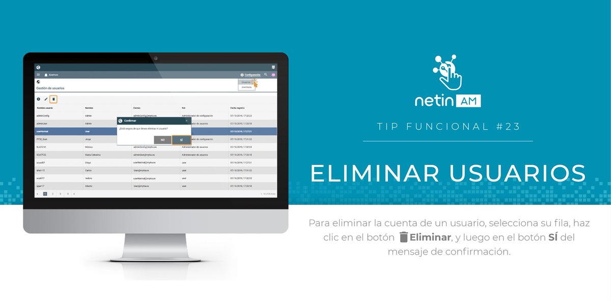 netinsystems's tweet photo. 📣Tip #NetinAM nº23 ➡️ Solo tres clics para eliminar las cuentas de usuario que ya no necesitas.

#IoT #GestiónDeActivos #AssetsManagement #Industria40 https://t.co/j4ew8KoyrY