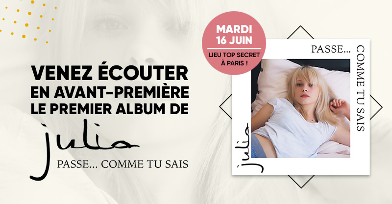 Fnac's tweet image. 🎧 Avec @SonyMusicFr, venez écouter en avant-première le 1er album de @juliamusic : « Passe…comme tu sais » ce mardi 16 juin 2020 et dans un lieu tenu top secret à Paris ! 😮 
👉 Pour participer: RT + Follow @Fnac 👌 Bonne chance 😚
👉 bit.ly/3dZKQ8M