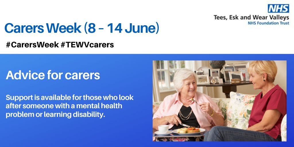 TEWV's tweet photo. We know that caring for someone with a mental health problem or a learning disability can be difficult at times & may feel more challenging during the current pandemic. If you're a carer, try & find some time to look after yourself https://t.co/OOpRXgd1H5 #CarersWeek #TEWVCarers https://t.co/eCsFftr1pR