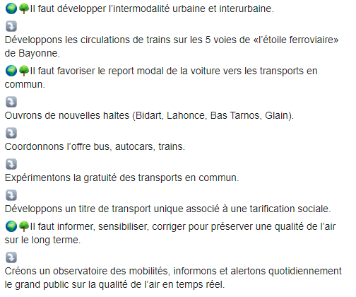 tweet 3 sur 3 Mobilités

<a href="/BayonneVille/">Bayonne Ville Ouverte</a> @BiharBaiona 

📢Nous proposons un projet mobilité global !

🚶‍♀️🚶‍♂️🚴‍♀️🚴‍♂️🚌🚎🚄

Nos propositions :

⬇️⬇️⬇️