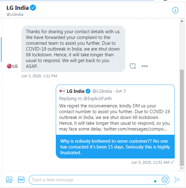 ExplicitFaith's tweet photo. @LGIndia you guys have even stopped reply to customer. No reply to DM, No contact with customer. It seems you want customer to suffer after buying product, coz u guys have got d money and now, why would u care for customer. https://t.co/BSRngGKUv7