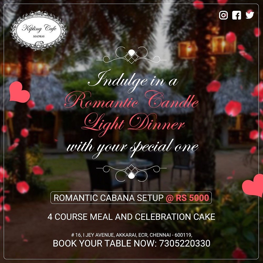KiplingCafe's tweet photo. Indulge in a Romantic Candle Light Dinner set in a Cabana with a 4 course meal and a celebration cake - only Rs. 5,000/- @Kipling Café #candlelightdinner #romanticdinner #datenight 
#birthday #anniversary #proposal #partner #ecr #kiplingswag#callforbooking7305220330 https://t.co/qW02hHKVRg