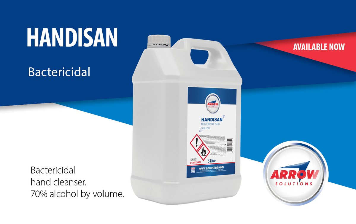 _ArrowSolutions's tweet photo. Unperfumed, thickened bactericidal hand sanitiser designed for use where a high standard of personal hygiene is required. 70% alcohol by volume. Part of the #UK #COVID19 #sanitiser pack from Arrow Solutions. HANDISAN Bactericidal hand cleanser https://t.co/7MP2HnZNvW https://t.co/NeWshBpTvp