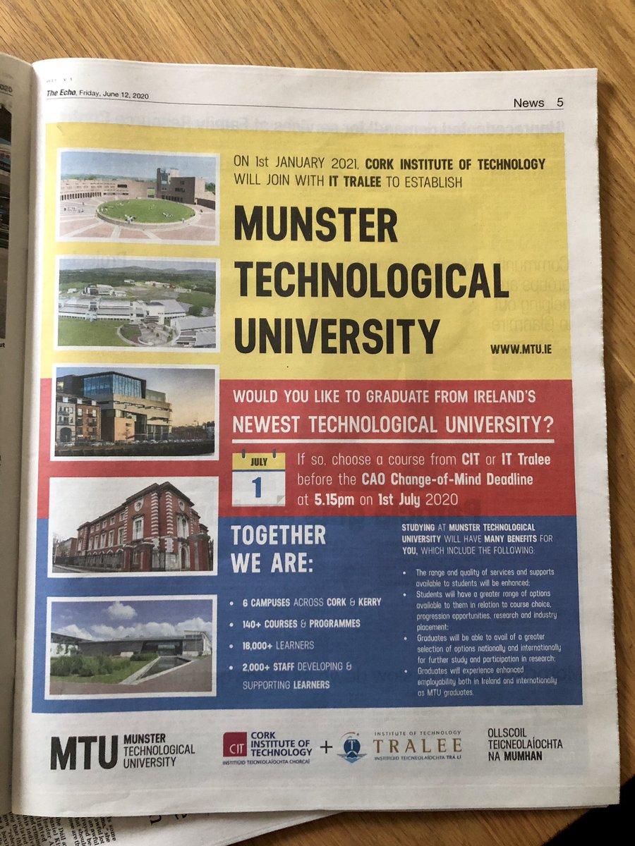 MTU_ie's tweet photo. Check out today’s @irishexaminer for a four page feature on CIT as we look forward to join with ITT to establish Munster Technological University. Online feature also available at https://t.co/IKZHZXDw0J #TogetherWeAreMTU https://t.co/VJ7sDkjRdh