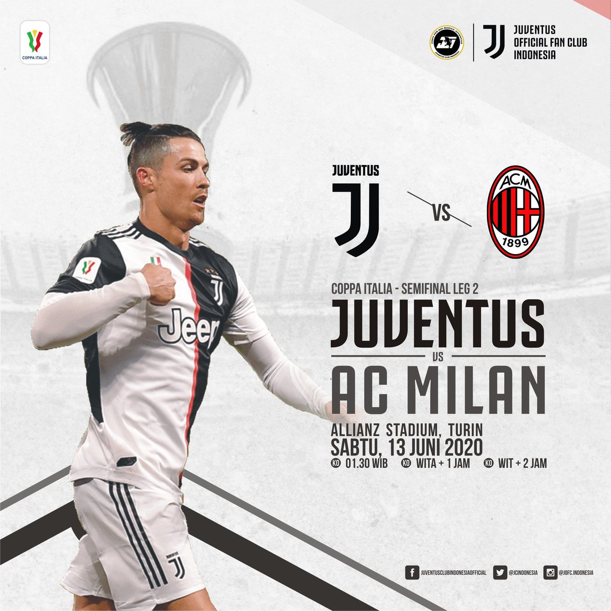 COPPA ITALIA - SEMIFINAL LEG 2

JUVENTUS vs AC MILAN 
Sabtu, 13 Juni 2020
Pukul 01:30 WIB
Live: @UseeTVcom (USEESPORTS 2)

<a href="/JCIndonesia/">Juventini Indonesia</a> @jcijabar