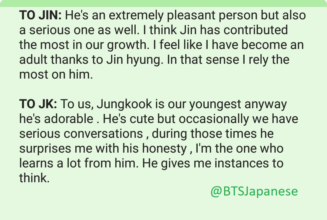 Below is a translation from an interview a Jpn Magazine had with Jimin. In the interview, Jimin said that he learns a lot from Jungkook and Jungkook gives him instances to think.