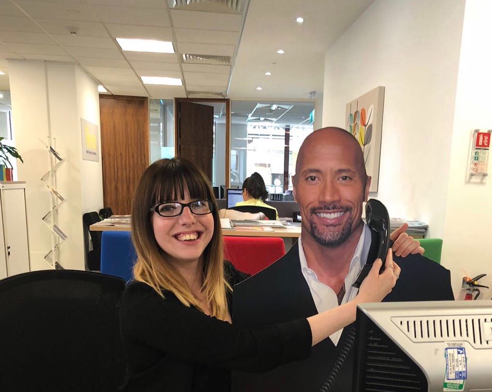 melissaxjay's tweet photo. Dear @TheRock,
My best friend (and your biggest fan) @_oxstacey turned 30 in lockdown in London today. We should be celebrating together so we’re gutted, but a tweet from you would make her entire day. She even brought you to work on her last birthday 😉 Please 🙏🏻❤️ https://t.co/kaaxfi6Gnf