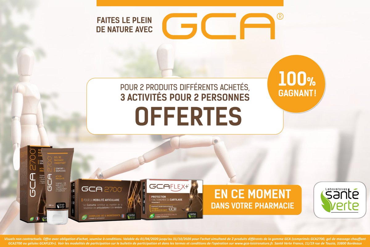 Envie de faire le plein de Nature ? En ce moment dans vos pharmacies, pour 2 produits GCA différents achetés, 3 activités pour 2 personnes vous sont offertes !
L'occasion de profiter de la nature tout en s'amusant :)

Détails &amp; conditions de l'offre sur gca-loisirsnature.fr