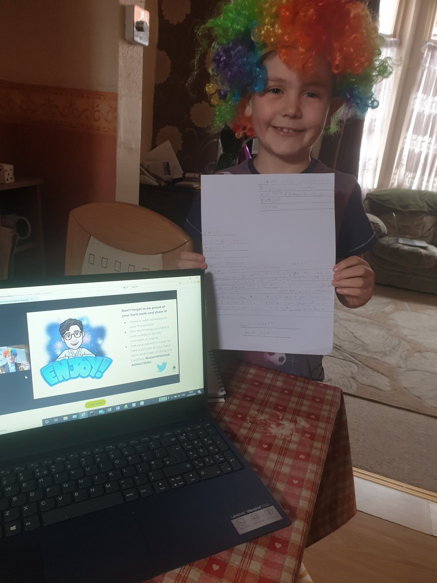claude63's tweet image. Ted has completed his English lesson by writing a letter. He loves wearing the same wig as Mr Mac  @OakNational @WoodchurchNews #LearnWithOak #ONAY3ENG