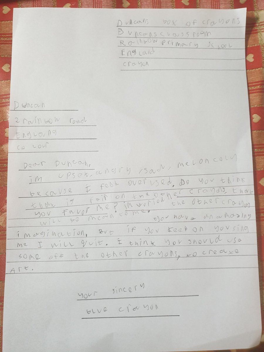 claude63's tweet image. Ted has completed his English lesson by writing a letter. He loves wearing the same wig as Mr Mac  @OakNational @WoodchurchNews #LearnWithOak #ONAY3ENG