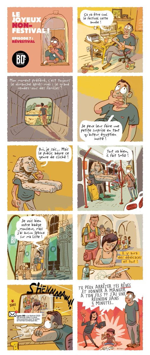 lyonbd's tweet photo. [JNF] #Shennawy imagine un dimanche après-midi au festival dans l'épisode 7 de notre feuilleton #BD.
Pour lire les précédents : 
https://t.co/PyYcWTLwZj

#joyeuxnonfestival #lyonbd #bd2020 #CairoComics https://t.co/mIhP58p2Ba