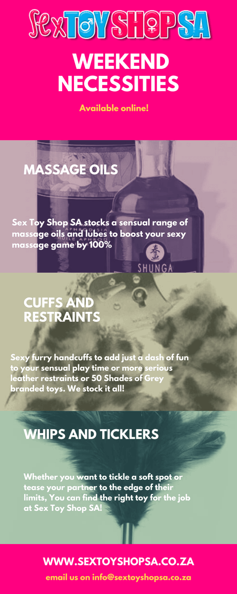 SexToyShopSA's tweet photo. ���It's weekend! Time to play, and Sex Toy Shop SA has toys and accessories to suit everyone! 🔥 
https://t.co/gufA61DQpC
#sextoys #massage #massageOil #fluffycuffs #bondage #50shadesofgrey #sextoyshopsa https://t.co/6SJQ74wg7h