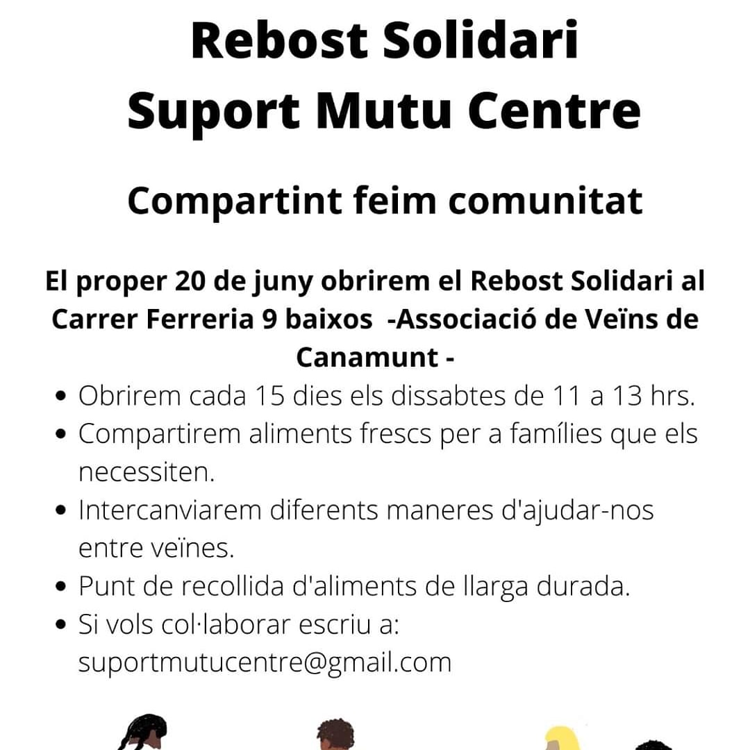 El dissabte 20 de març de 11 a 13h veïnes i veïns de Canamunt i altres barriades del centre de Palma posam en marca un Rebost Solidari.
Volem crear xarxa veïnal, aquest rebost està coordinat per Suport Mutu Mallorca, si voleu col·laborar escriviu a suportmutucentre@gmail.com