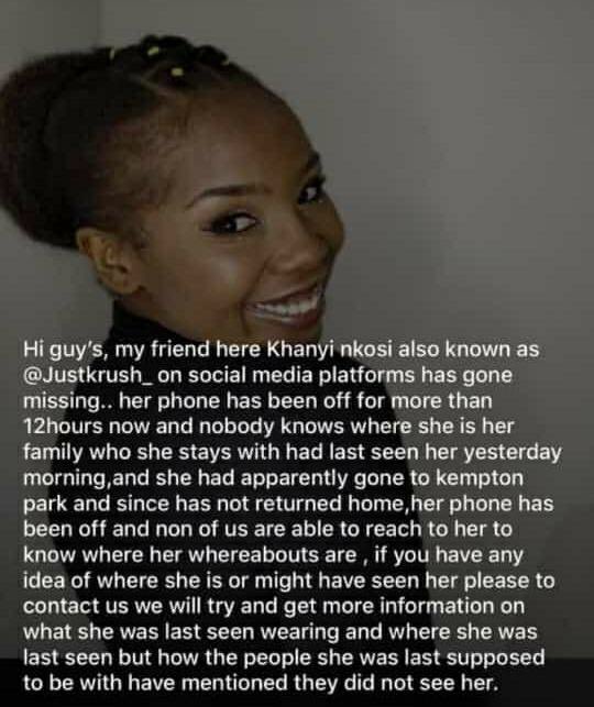 Kasi2kasiG's tweet photo. Please help us find khanyi.  
#day78oflockdown 
#TelkomSocialBundle 
#TshegofatsoPuleFuneral 
#telkomconnectsa https://t.co/TSMX83vHX2