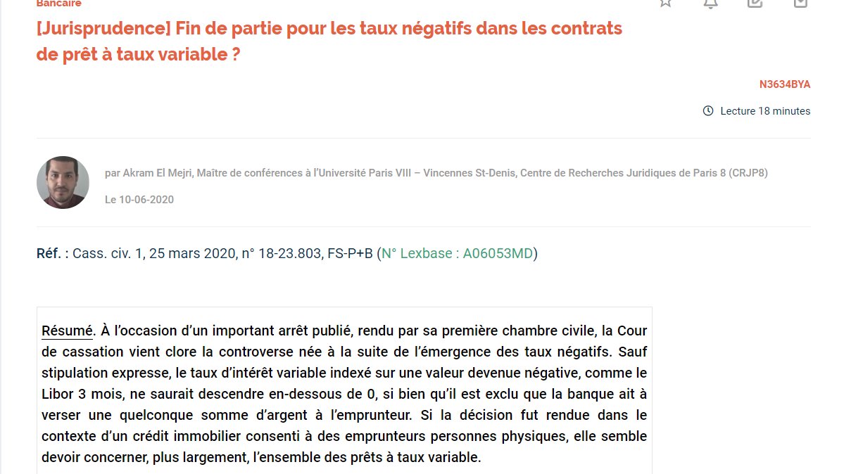LexbaseAffaires's tweet photo. #Banque #tauxnégatifs 
Retrouvez cette semaine dans le dernier num. @LexbaseAffaires, le commentaire de Akram El Mejri "Fin de partie pour les taux négatifs dans les contrats de prêt à taux variable ? "
au sujet de Cass. civ. 1, 25 mars 2020, n° 18-23.803, FS-P+B https://t.co/lumY6osiKs