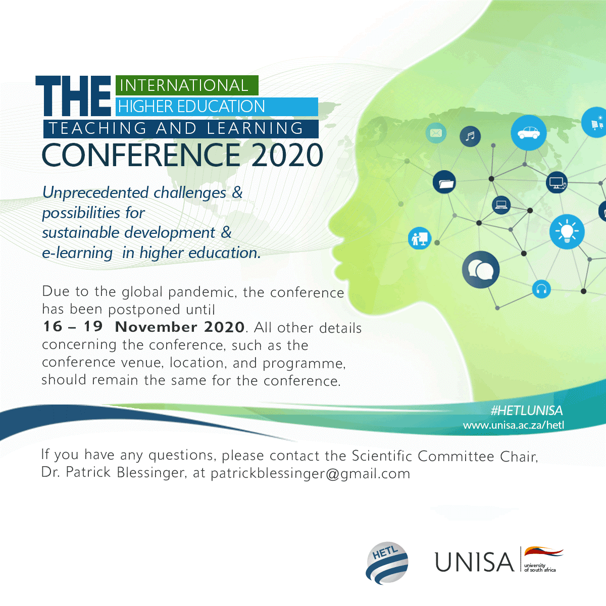 unisa's tweet photo. Due to the global pandemic, the #HETL is postponed to 16 – 19 November 2020. For more information: https://t.co/tB6YeicZ60 https://t.co/yMRnofGrR8